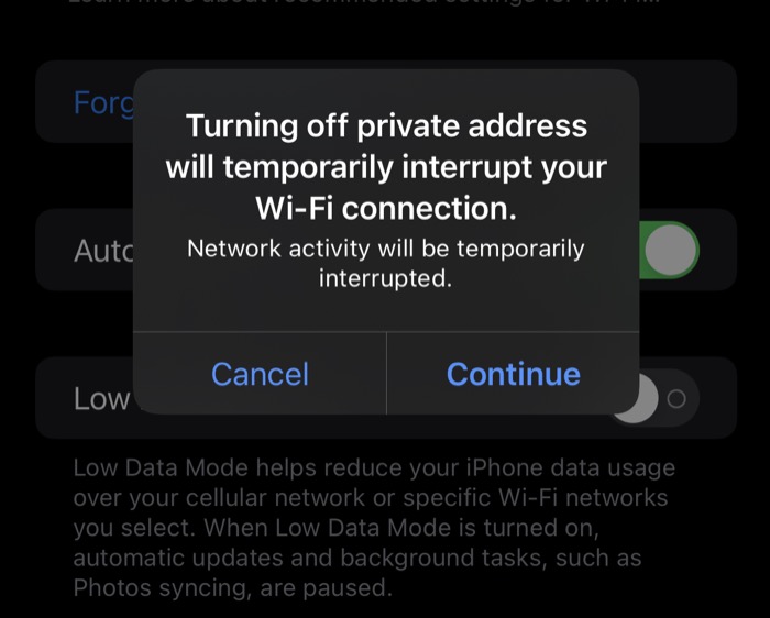 desactivar la dirección Wi-Fi en el iPhone