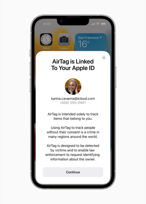 Mensaje de privacidad de Apple Airtag