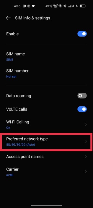 preffered network type android