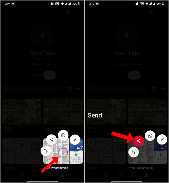 opción de compartir gestos de pinterest en el móvil