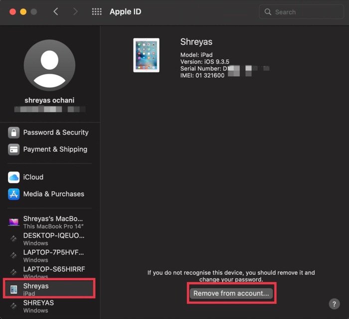 eliminar el dispositivo de la identificación de Apple usando mac