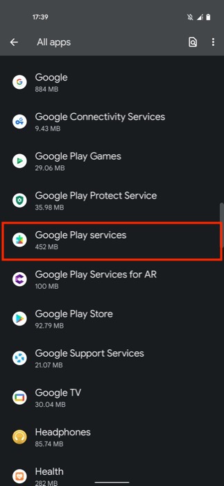 selección de servicios de Google Play en la lista de aplicaciones